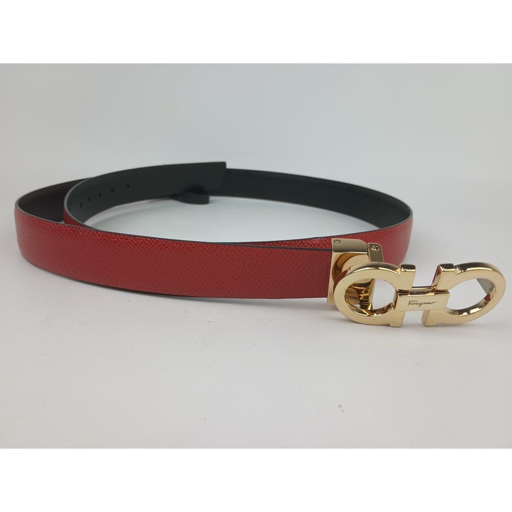 Salvatore Ferragamo Women's Red Black Reversible Leather Belt Gold Gancini 100